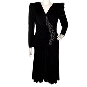 FILIGREE Dress, 4/S, Black Ruched, Square shoulders, Sequin floral accents, VTG